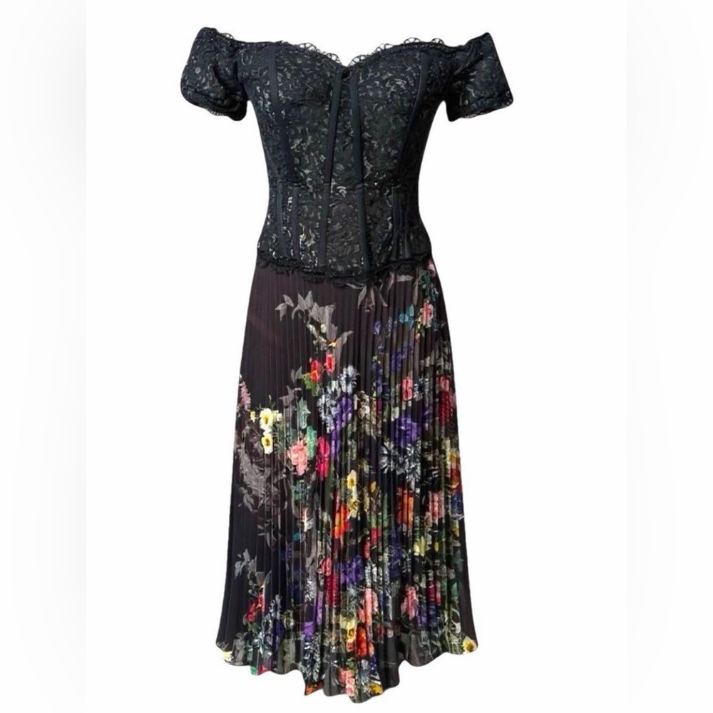 Rickie Freeman for Teri Jon Black Lace and Floral Midi Dress